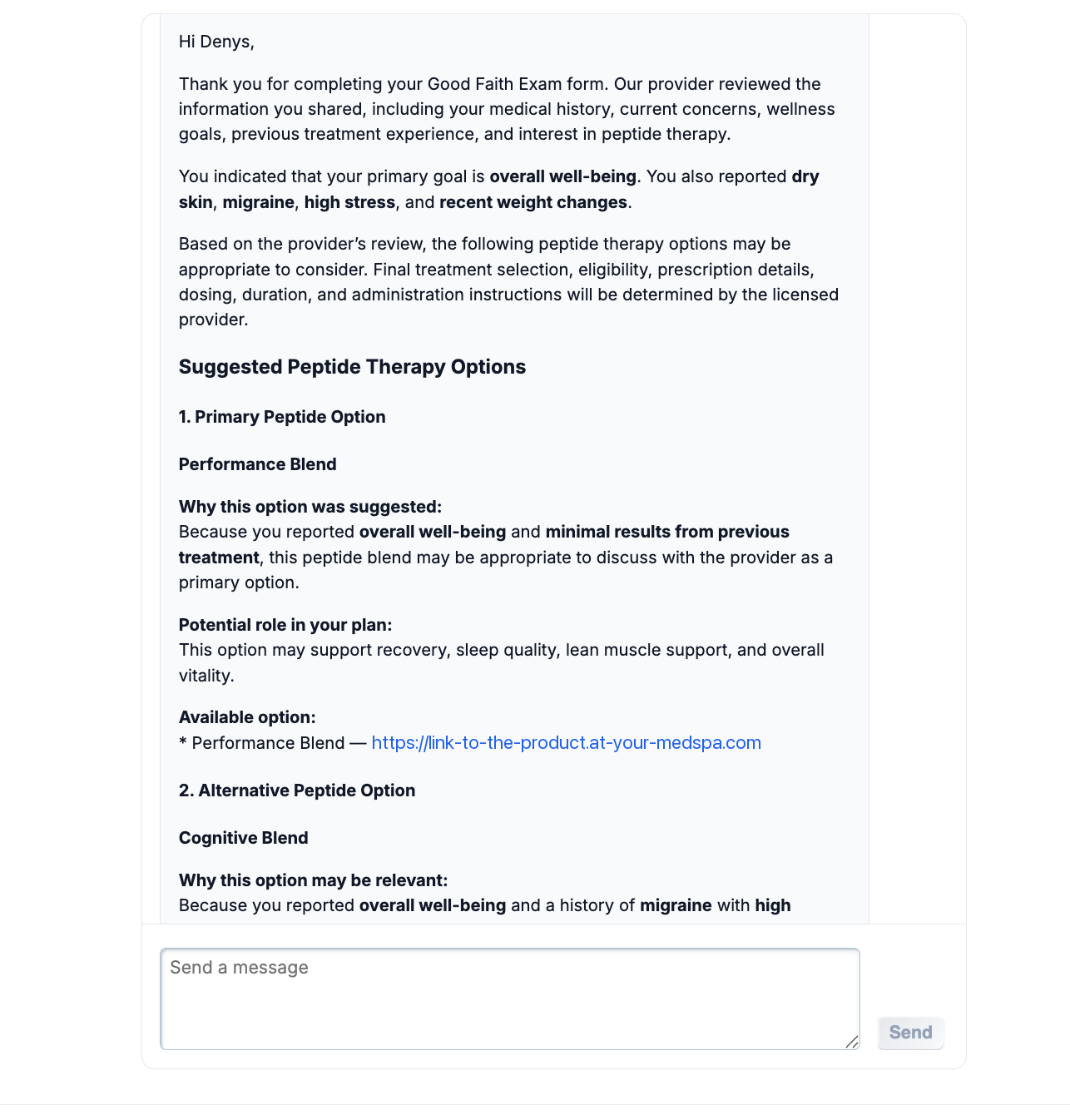 Approved case summary and suggested treatment options, as the client receives it